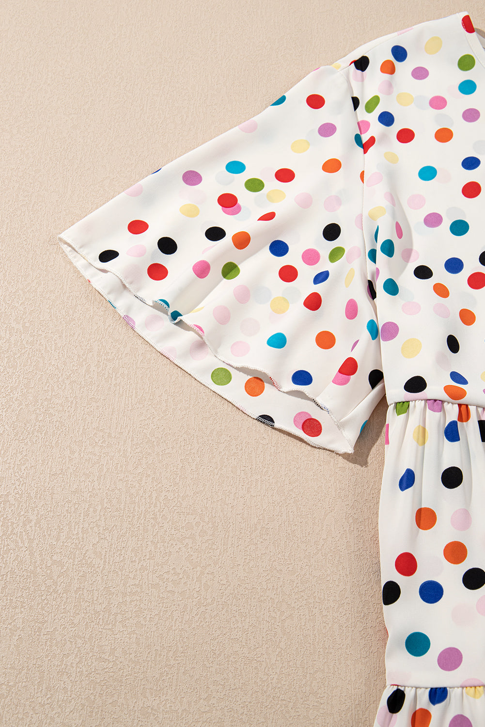Beige Colorful Polka Dot Print Ruffle Plus Size Babydoll Blouse