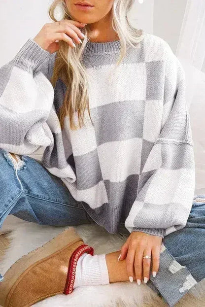 Orange Checkered Bishop Sleeve Sweater - Femstylo