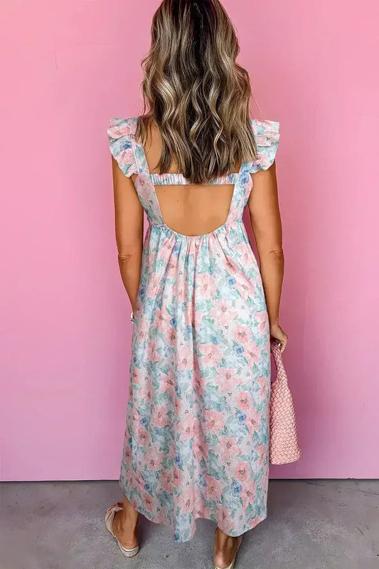 Pink Floral Print Square Neck Backless Dress with Slit