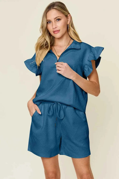 Plus Size Flounce Sleeve 2 piece top and shorts set
