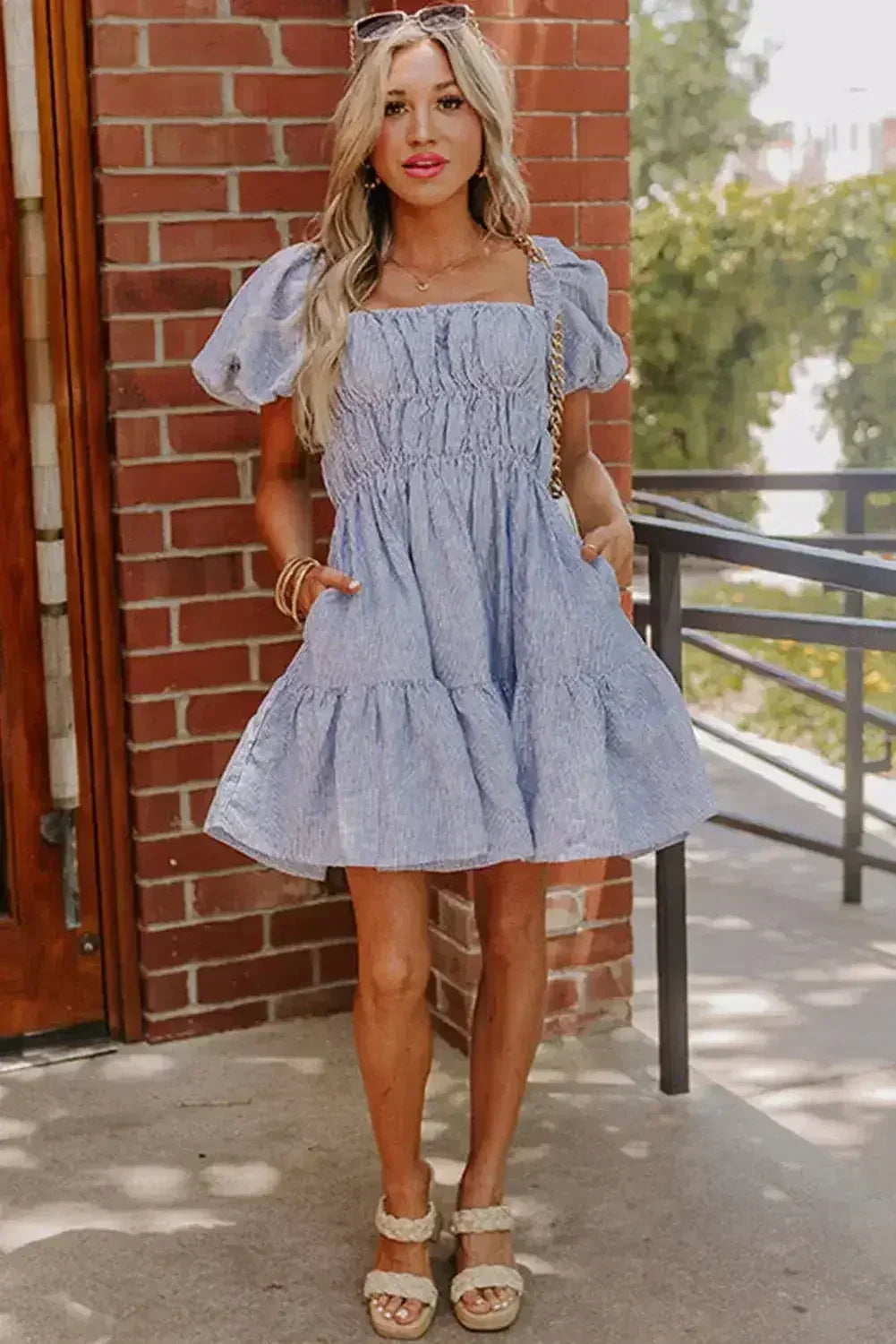 Sky Blue Stripe Bubble Sleeve Square Neck Ruched Pocket Babydoll Dress