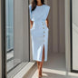Women's Solid Color Round Neck Short Sleeve Dress With Side Slit, Button & Pockets - A-Line Cinched Waist Summer Casual Office Wear