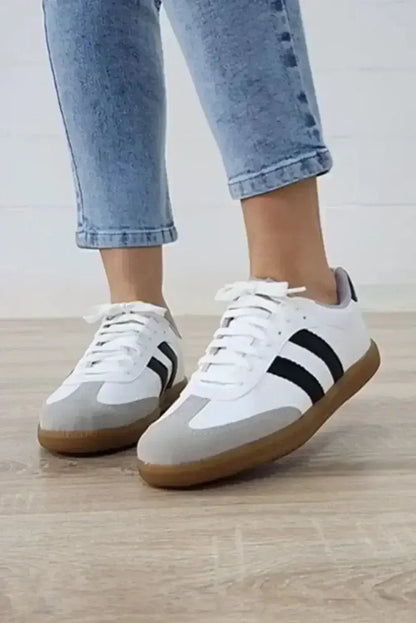 White Striped Lace Up Flat Sneakers