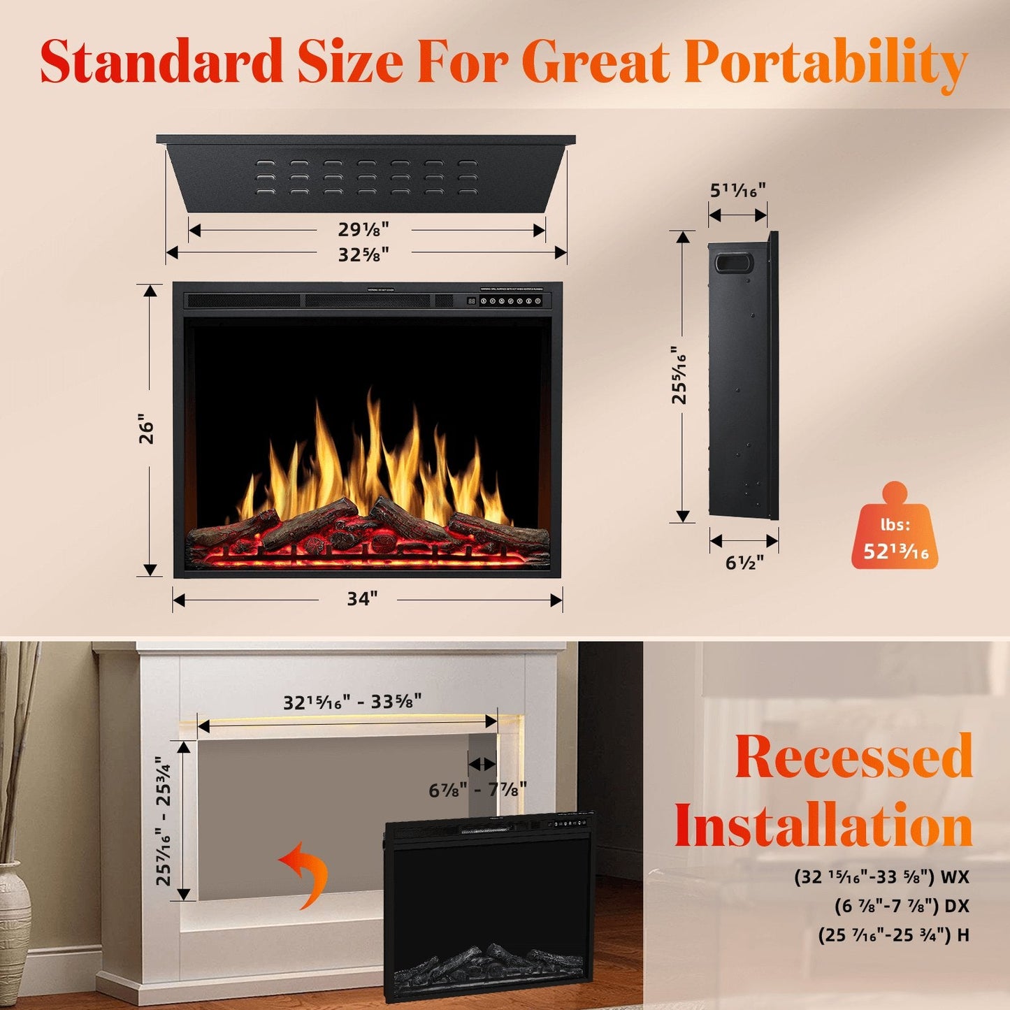 34 Inch Electric Fireplace Insert Adjuatble Flame Colors 936BXB