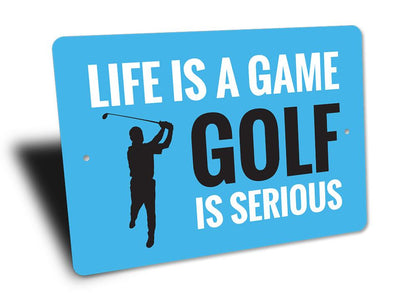 Blue sign with golf-themed text and silhouette on a white background