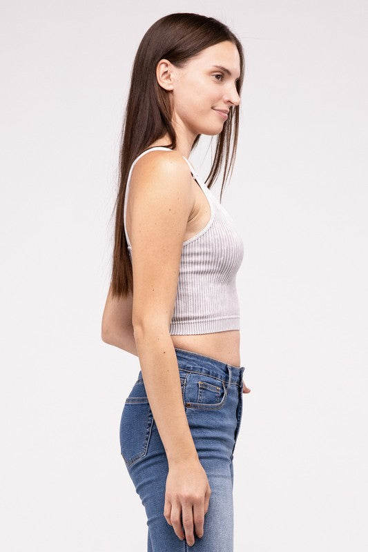ZENANA Washed Ribbed Cropped V-Neck Tank Top
