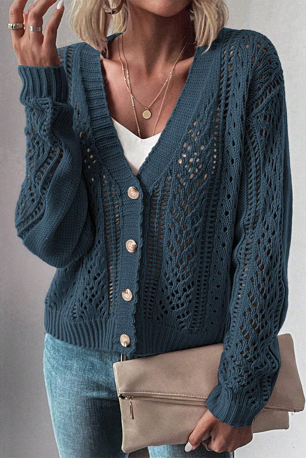 Dark Khaki Cardigan - Hollow Knit Drop Shoulder Style
