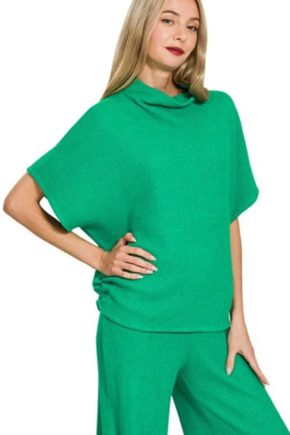 Zenana Sweater Mock Neck Top & Long Pants Set in Green