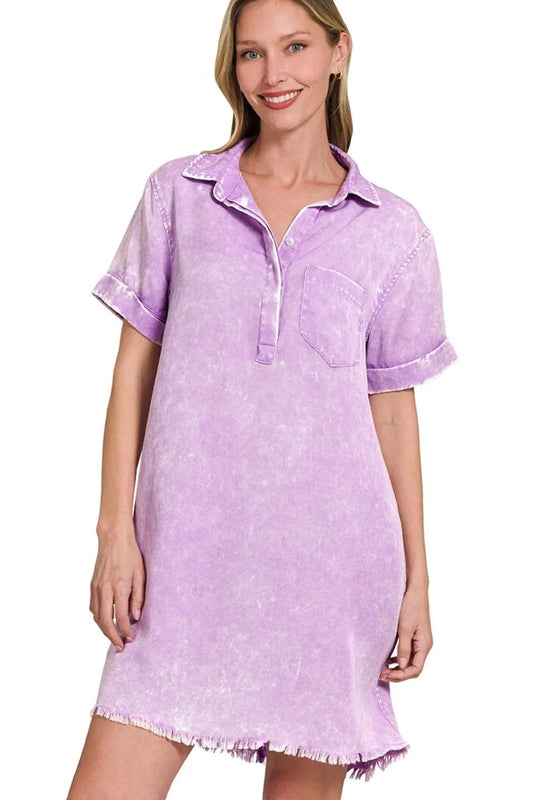 Zenana Tencel Mineral Washed Collared Shirts Dress in Lavender