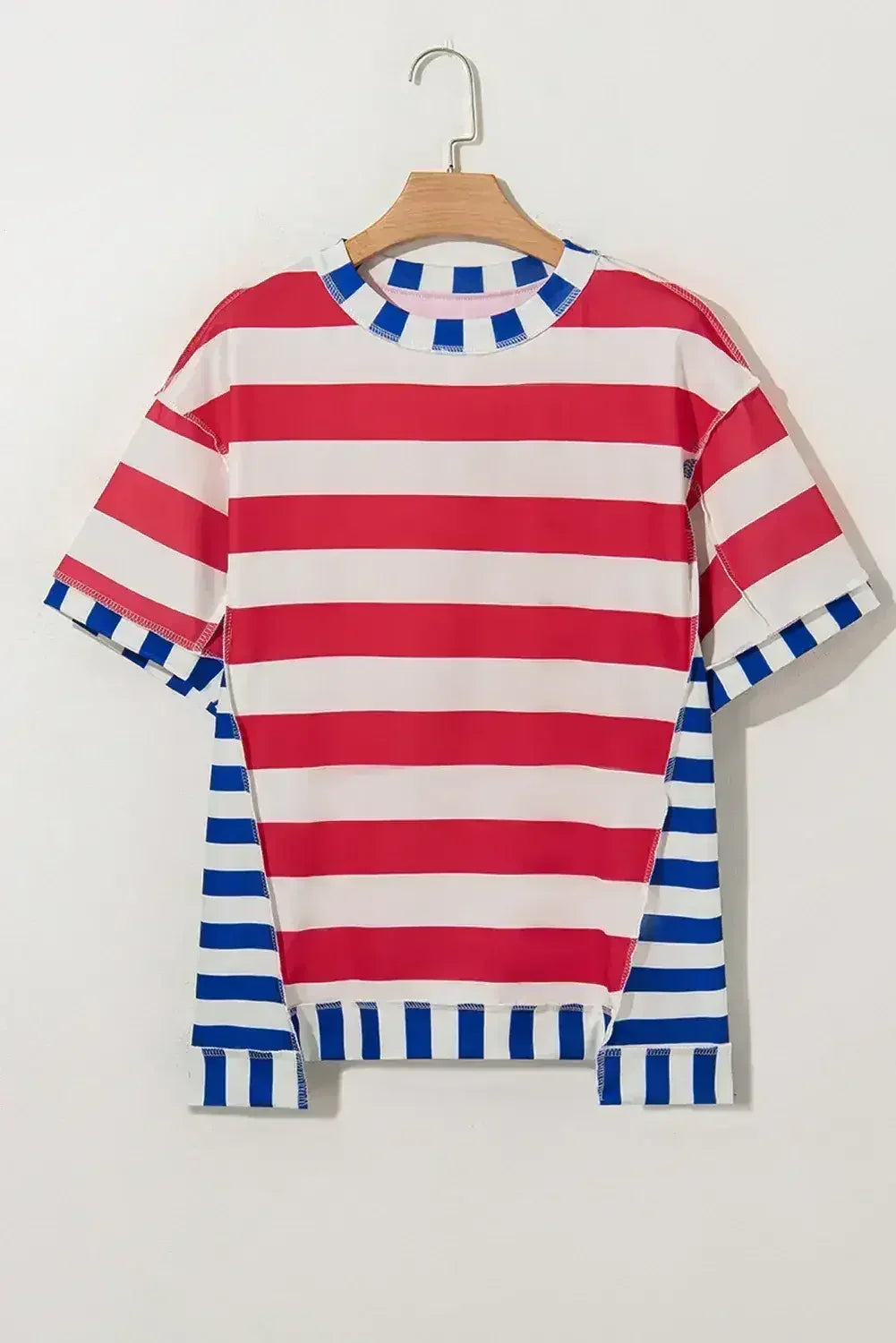 Red Stripe Loose Casual Color Block T Shirt