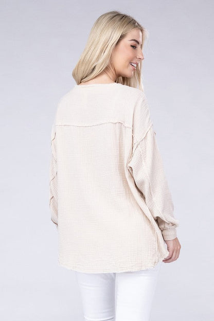 ZENANA Double Gauze Oversized 3/4 Button Henley Neck Top