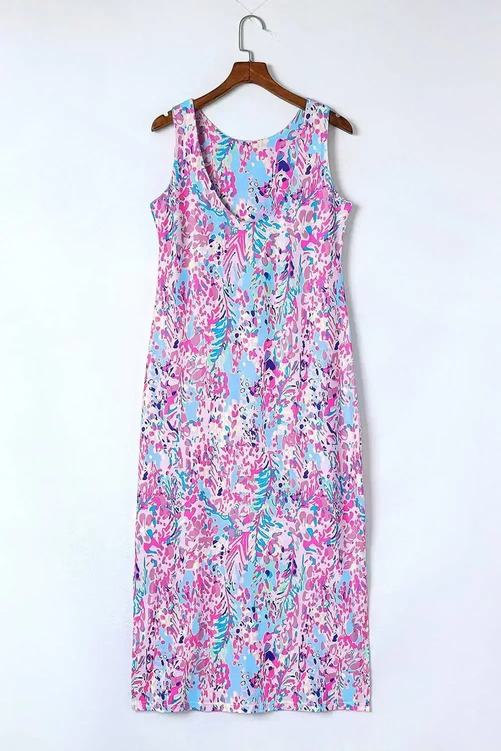 Purple Abstract Print Side Splits Round Neck Sleeveless Maxi Dress
