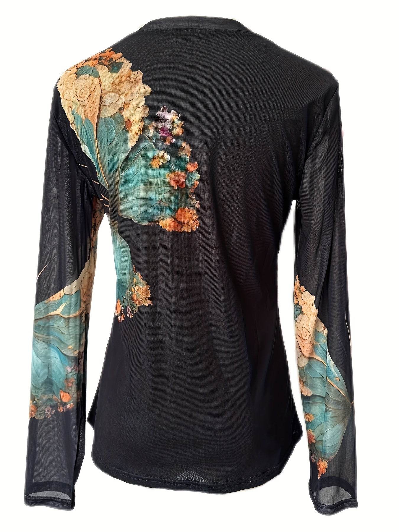 Floral Butterfly Print Women’s Tulle Top Long Sleeve Semi-Sheer Shirt
