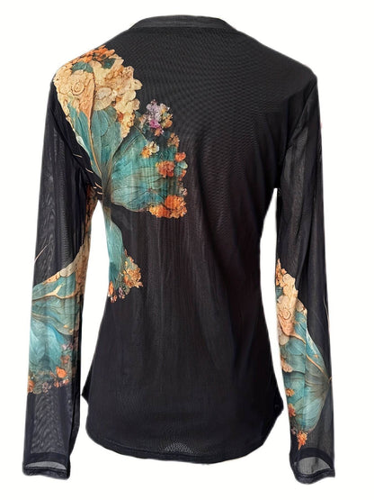Floral Butterfly Print Women’s Tulle Top Long Sleeve Semi-Sheer Shirt