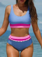 Light Blue Colorblock High Waisted Bikini Swimsuit
