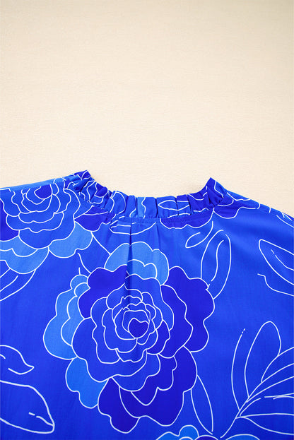 Blue Floral Print Ruffle Hem V Neck Flowy Mini Dress