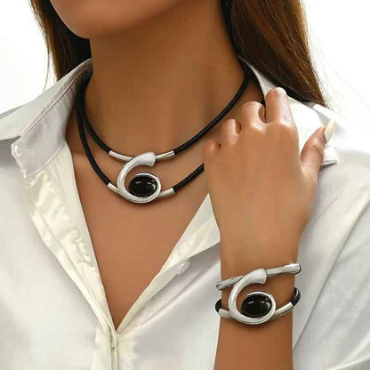 Modern Elegance Black and Silver Leather Choker and Bracelet Combo