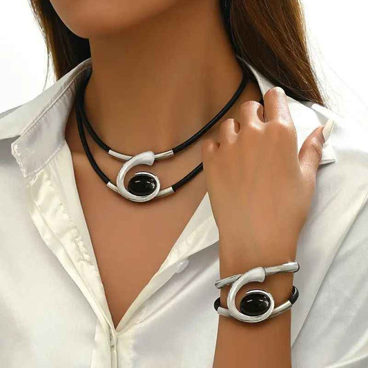 Modern Elegance Black and Silver Leather Choker and Bracelet Combo