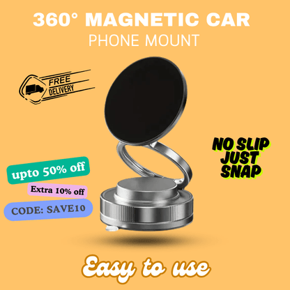 360° Magnetic Car Phone Mount with Foldable Adjustable Suction Design