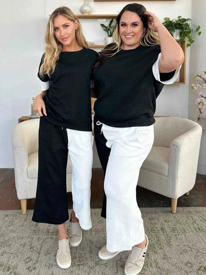 Plus Size Contrast T-Shirt and Wide Leg Pants Set