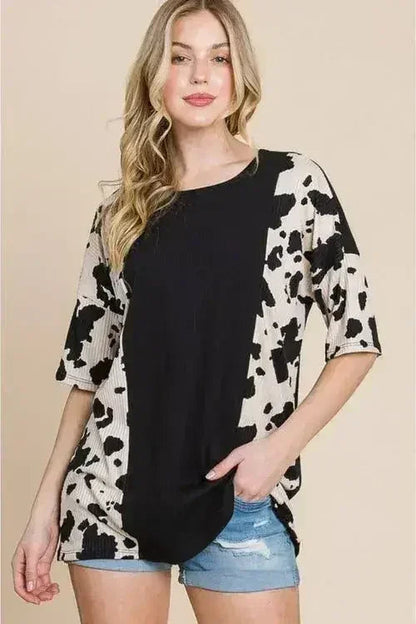 Animal Contrast Ribbed Tee - Edgy Women's Top | Femstylo