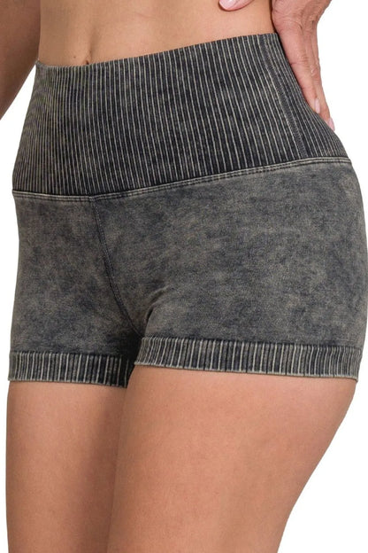 Zenana Washed Seamless High Waisted Shorts in Ash Black