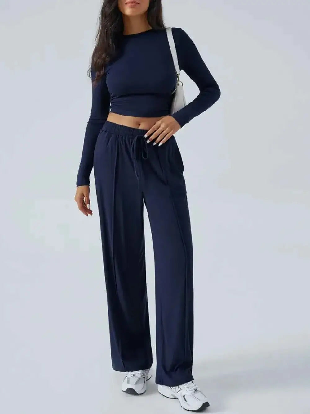 Round Neck Long Sleeve Crop Top and Pants Set