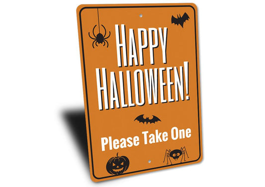 Halloween-themed sign with text and graphics on an orange background