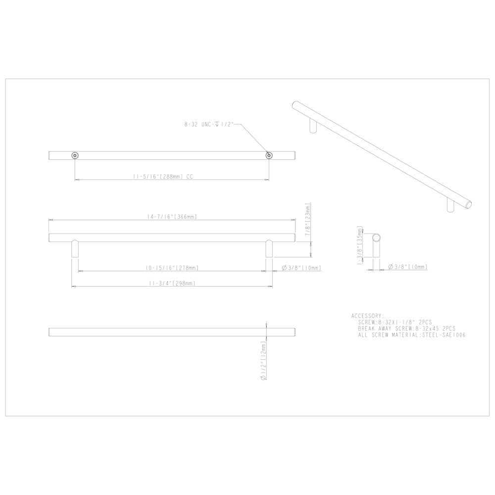 96 mm Center-to-Center Hollow Matte Black Stainless Steel Naples Cabinet Bar Pull