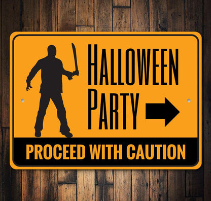 Halloween party sign with a silhouette of a person holding a knife on a wooden background