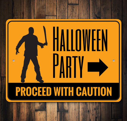 Halloween party sign with a silhouette of a person holding a knife on a wooden background