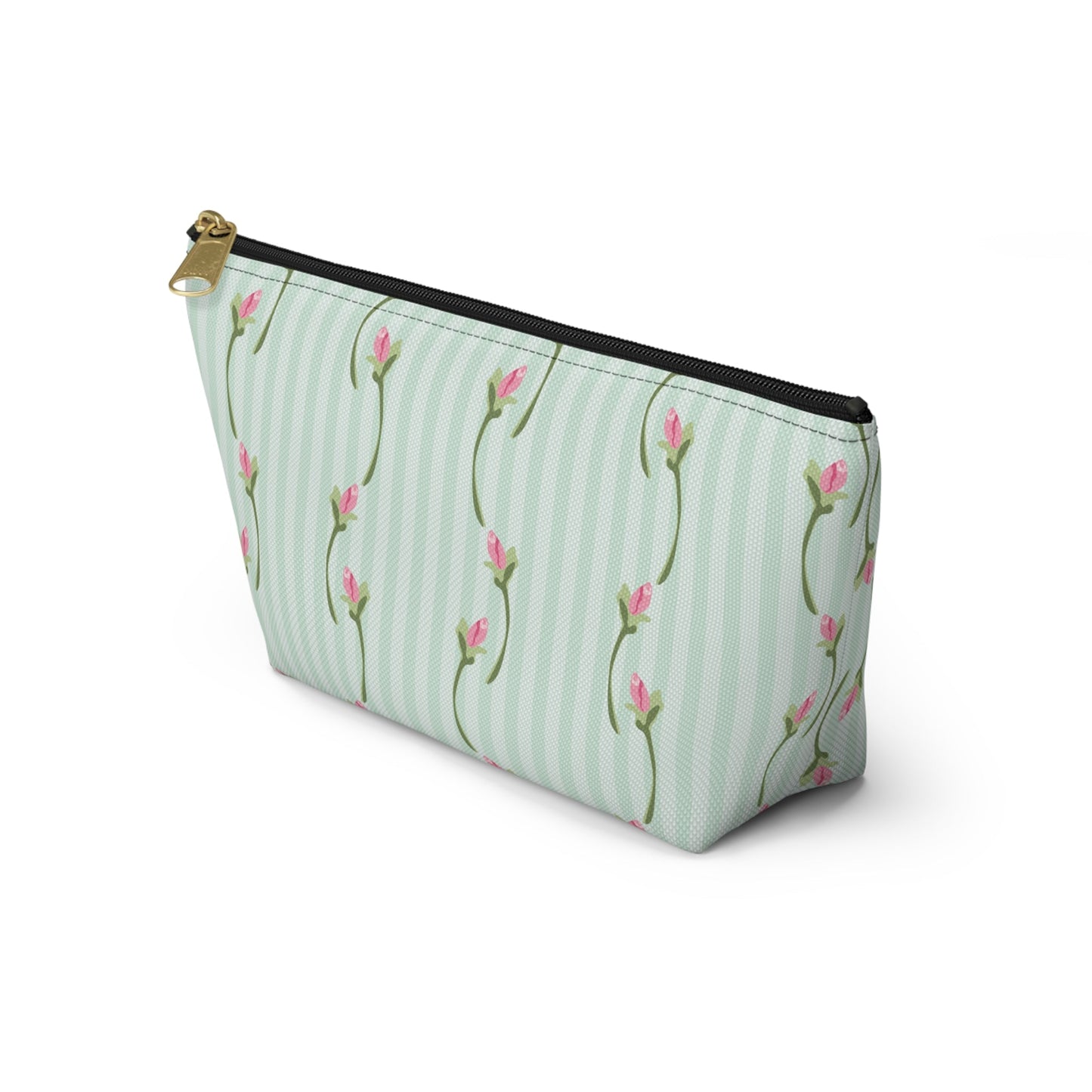 Customizable: Floral Print Accessory Pouch | Cute Makeup Bag, Travel Organizer, Gift for Her, Floral Clutch, Green Striped Bag