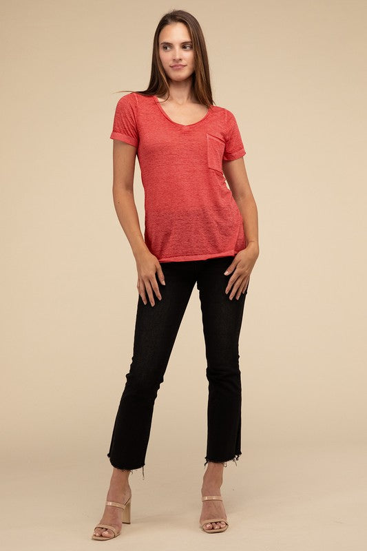 ZENANA Washed Melange Burnout Scoop V-Neck Top