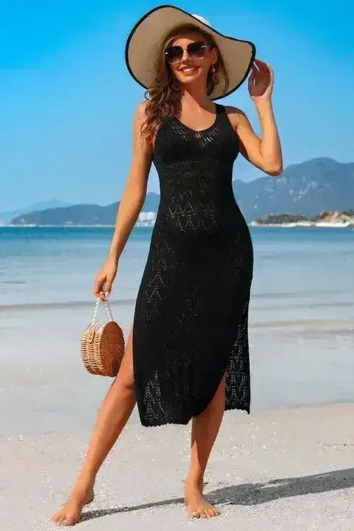 Crochet Beach Coverup Dress – High Split Maxi with U-Neck