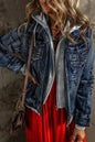 Black Fake Two-Piece Hooded Zip-Up Denim Jacket