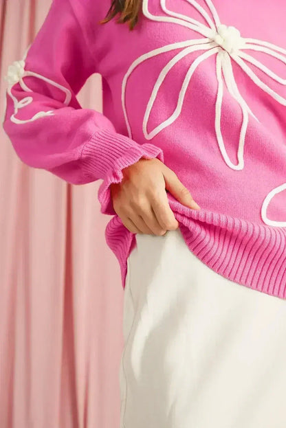 Bright Pink Sweet Bow Pattern Drop Sleeve Knit Sweater
