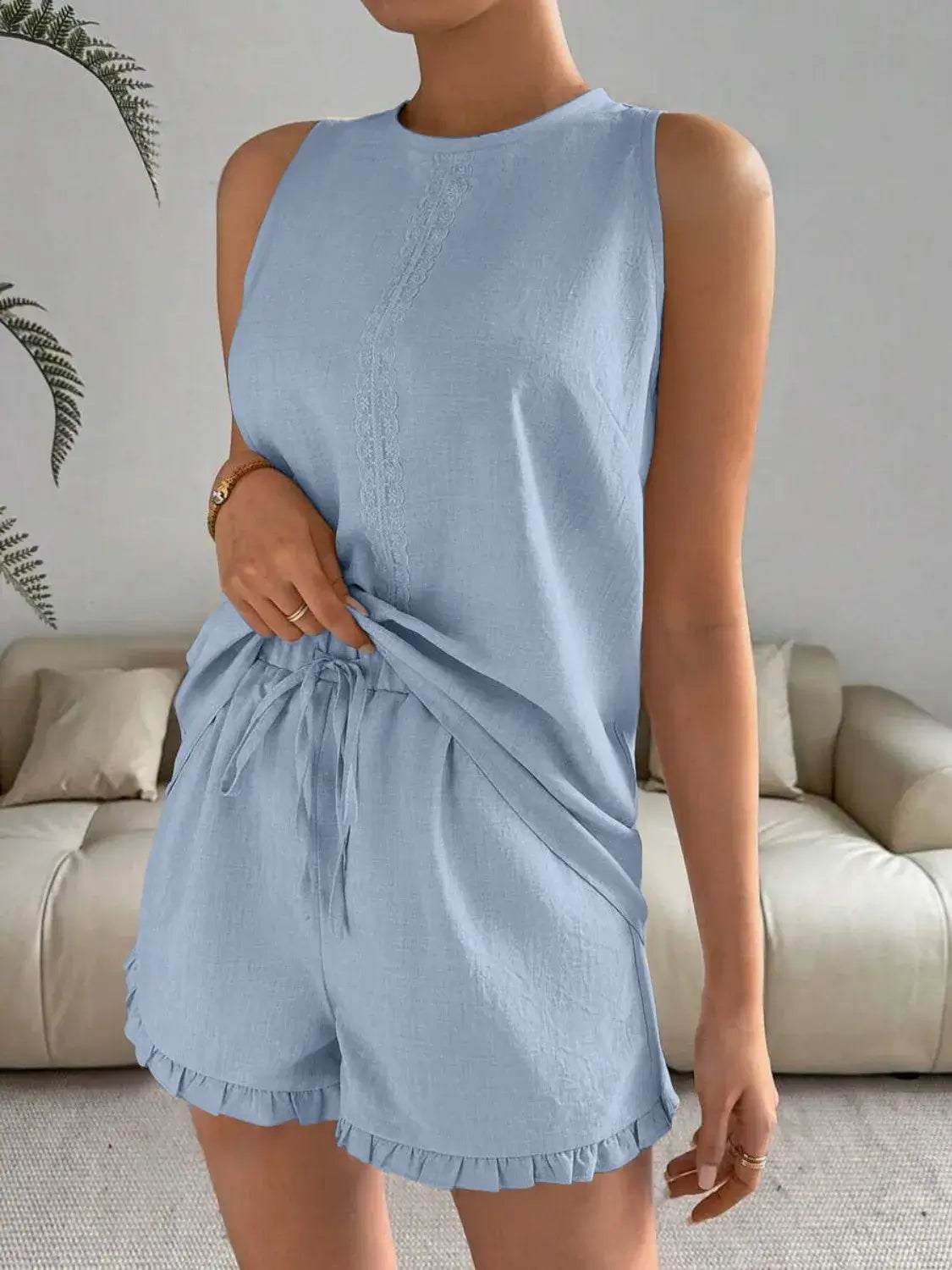 Lace Detail Round Neck Shorts Set for Women