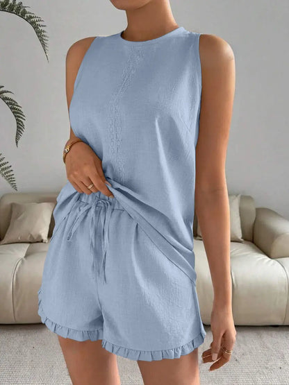 Lace Detail Round Neck Shorts Set for Women