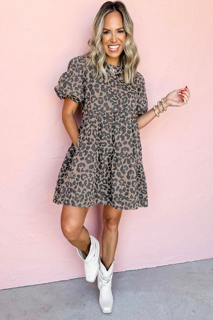 Brown Leopard Print Short Sleeve Flared Denim Mini Dress
