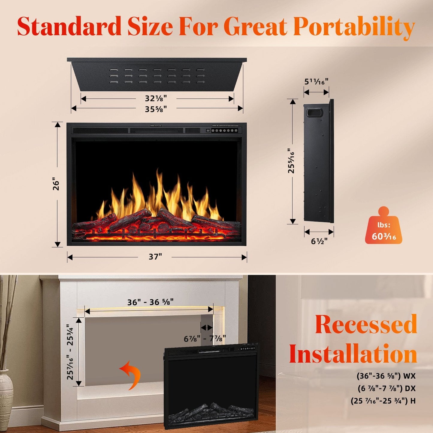 37 Inch Electric Fireplace Insert Adjuatble Flame Colors 939BXB