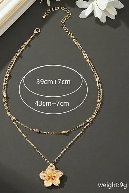 Gold Double Layered Flower Pendant Chain Necklace