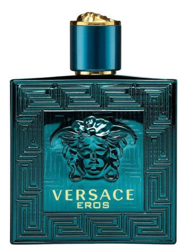 Versace Eros perfume bottle with intricate design and blue color