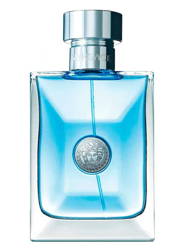 Blue perfume bottle with silver cap on a white background