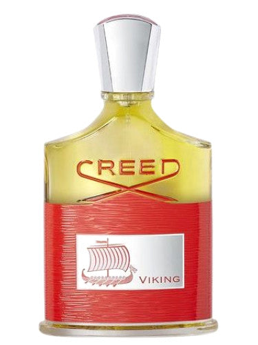 Creed Viking perfume bottle with red base and silver cap on a white background