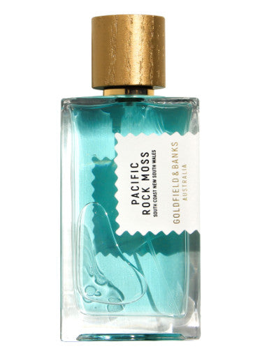Perfume bottle with gold cap and clear label on a white background