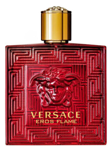 Versace Eros Flame perfume bottle with red design and gold cap on a white background