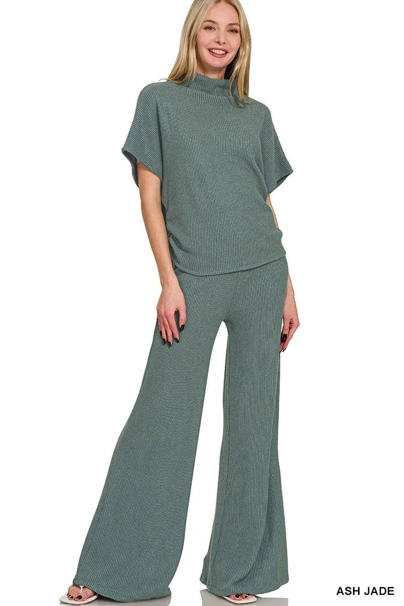 Zenana Mock Neck Top and Pants Sweater Set in Jade