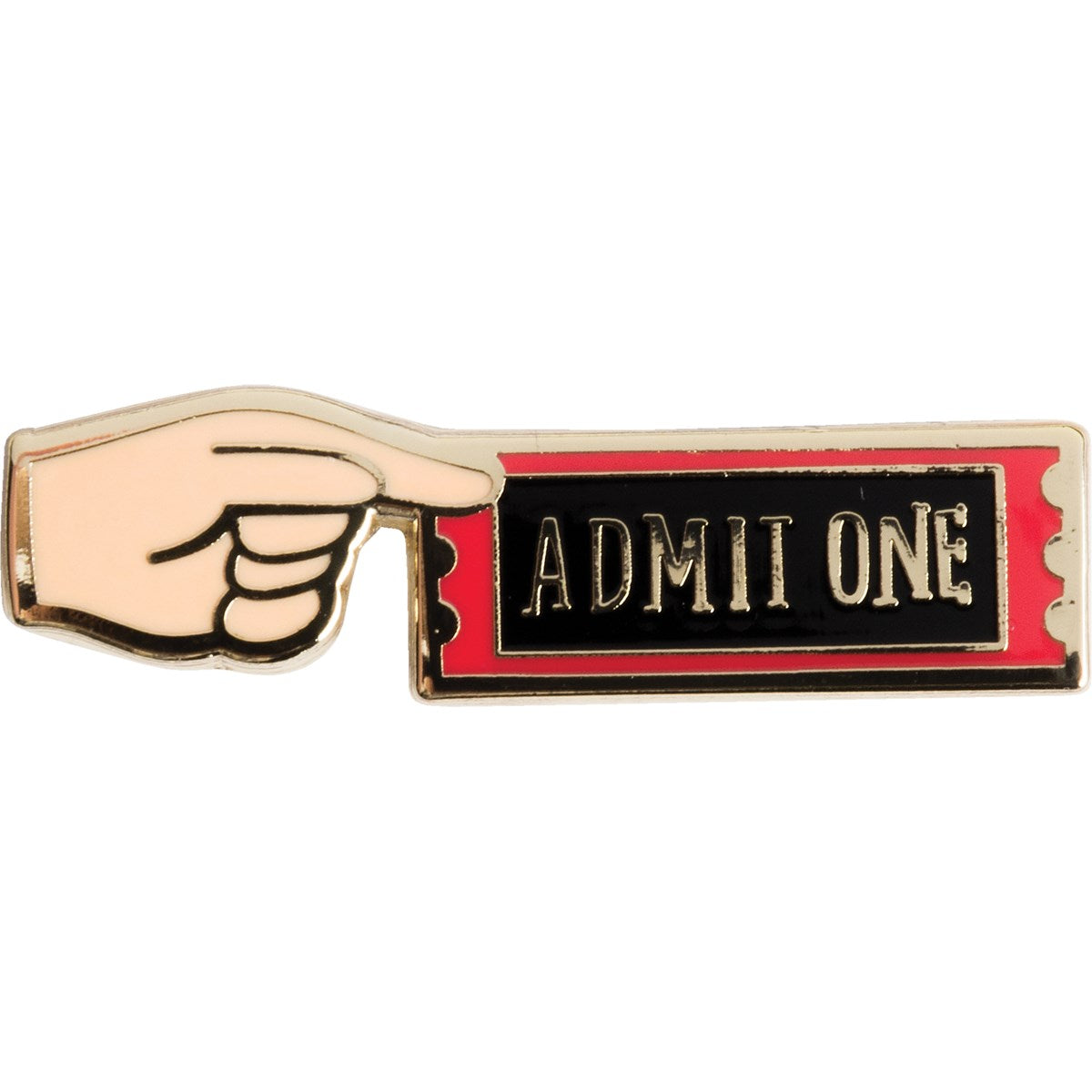 Pin with a hand holding an 'ADMIT ONE' ticket on a white background