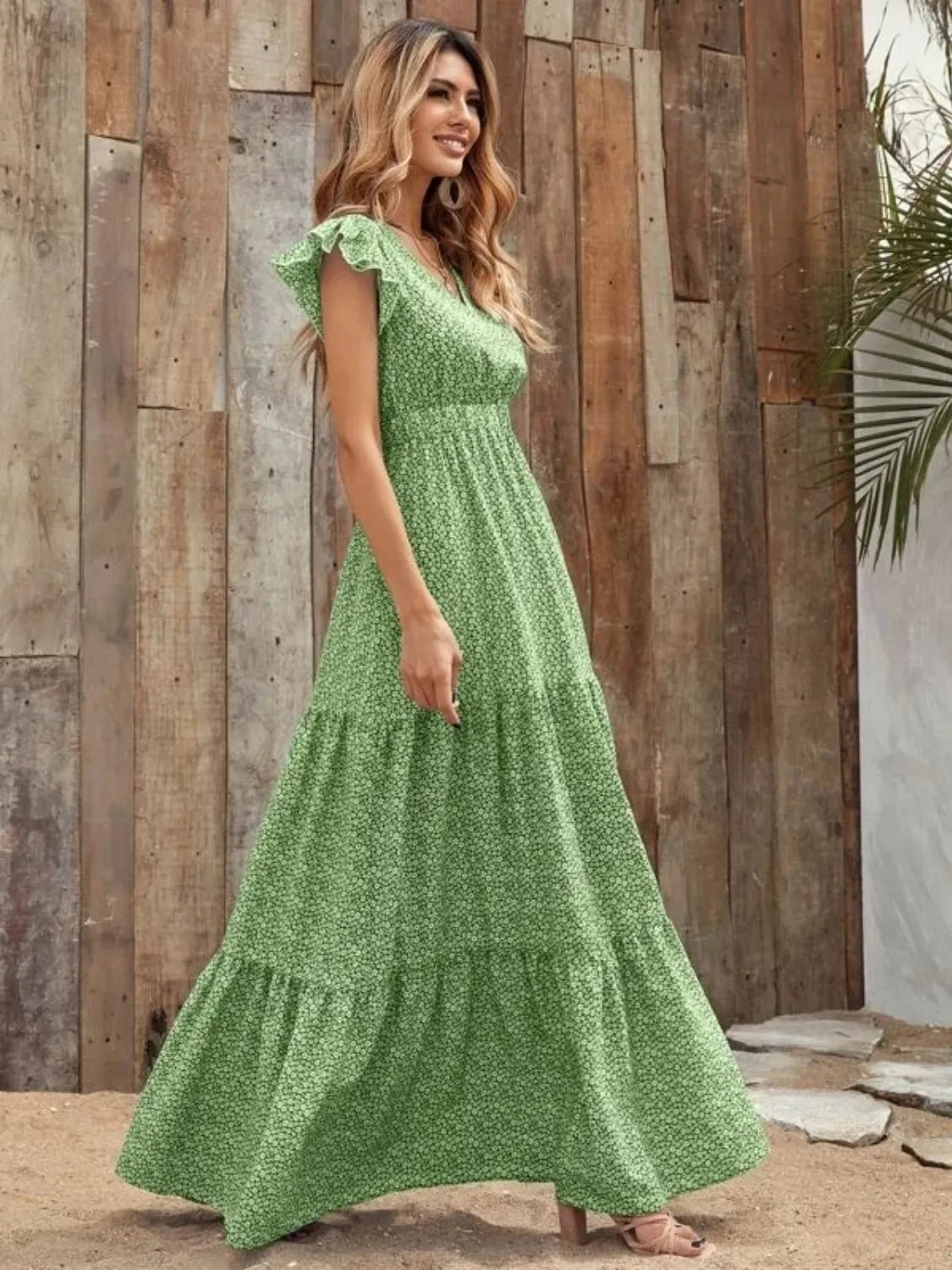 Printed V-Neck Maxi Dress with Ruffle Sleeves