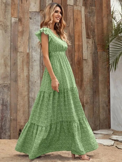 Printed V-Neck Maxi Dress with Ruffle Sleeves
